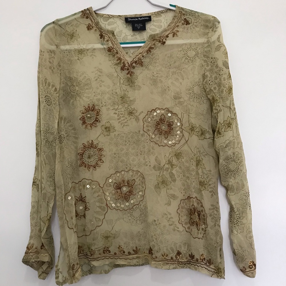 Sharon Anthony Silk Embroidered Sheer Top - Cream Size S